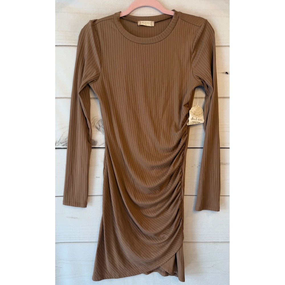 Altar'd State Mocha Ribbed Ruched Mini Dress DMDK341-LPT Brown Long Sleeve M